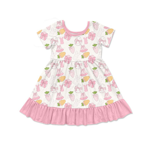 Preorder(moq 8)Baby Girls Pink Rabbits Bows Eggs Easter Ruffle Knee Length Dresses
