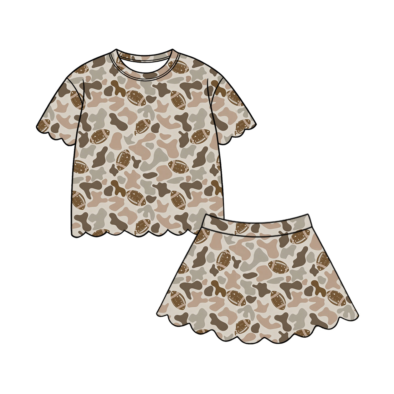 Preorder (moq 5)Baby Girls Southern Camo Footballs Top Scallop Shorts Team Clothes Sets