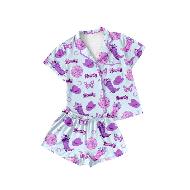Preorder(moq 5) Baby Girls Boots Howdy Button Pockets Top Shorts Western Pajamas Sets