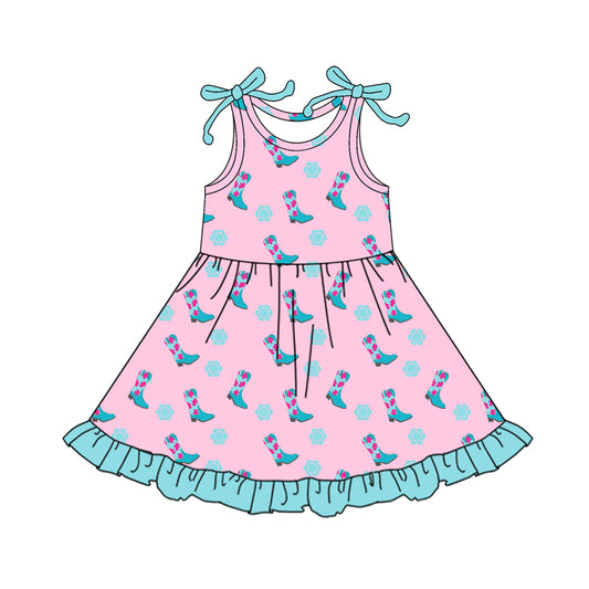 Preorder (moq 5)Baby Girls Blue Flowers Boots Western Ruffle Knee Length Dresses