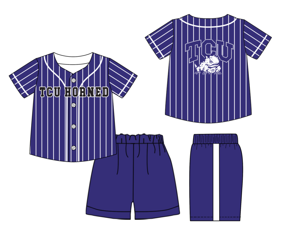 Preorder (moq 5)Baby Boys Purple Stripe Tcu Horned Button Top Shorts Team Clothes Sets
