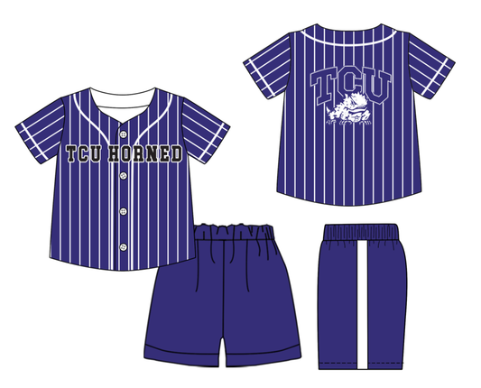 Preorder (moq 5)Baby Boys Purple Stripe Tcu Horned Button Top Shorts Team Clothes Sets