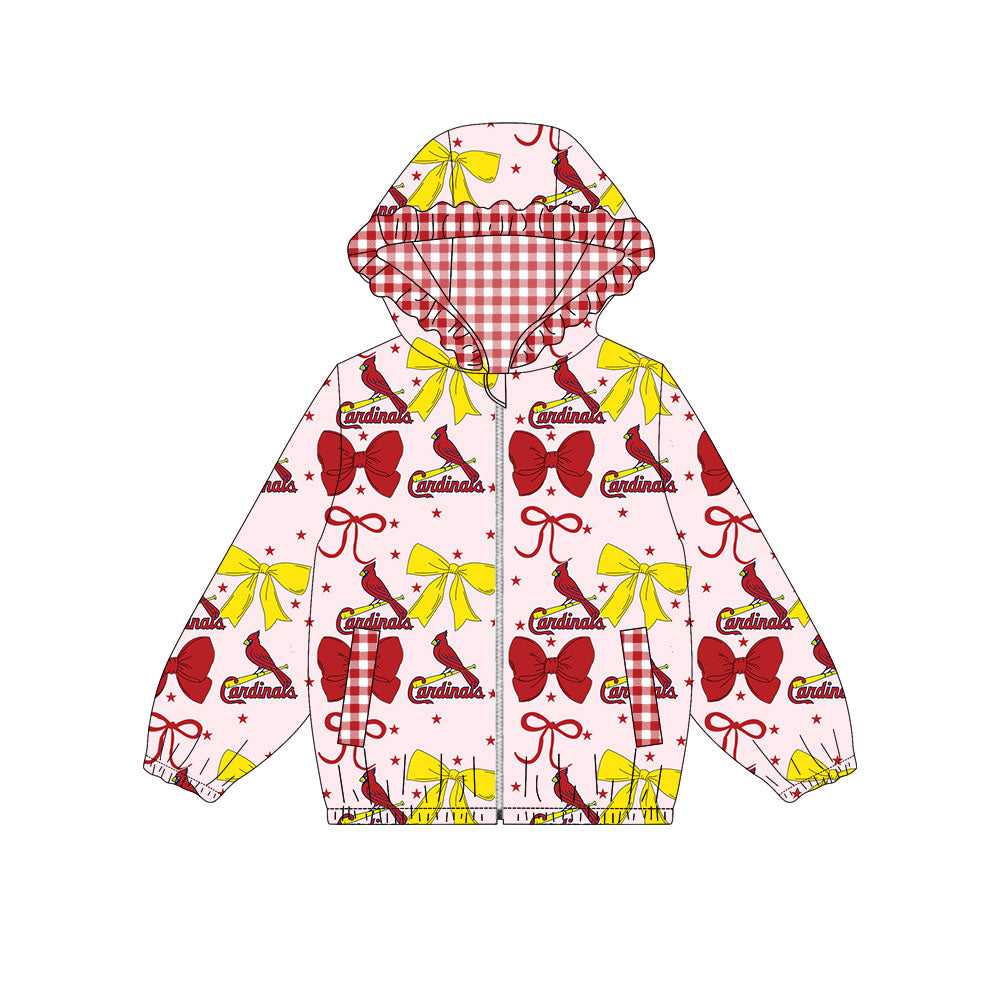 Preorder(moq 8)Baby Girls Red Yellow Bows Cardinals Pockets Zipper Team Ruffle Hoodies Jackets
