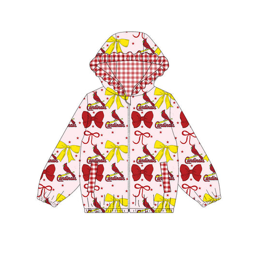 Preorder(moq 8)Baby Girls Red Yellow Bows Cardinals Pockets Zipper Team Ruffle Hoodies Jackets