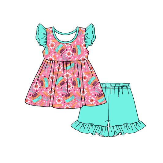 Preorder moq 5 Baby Girls Pencils Bus Tunic Ruffle Short Back to School Clothes Sets