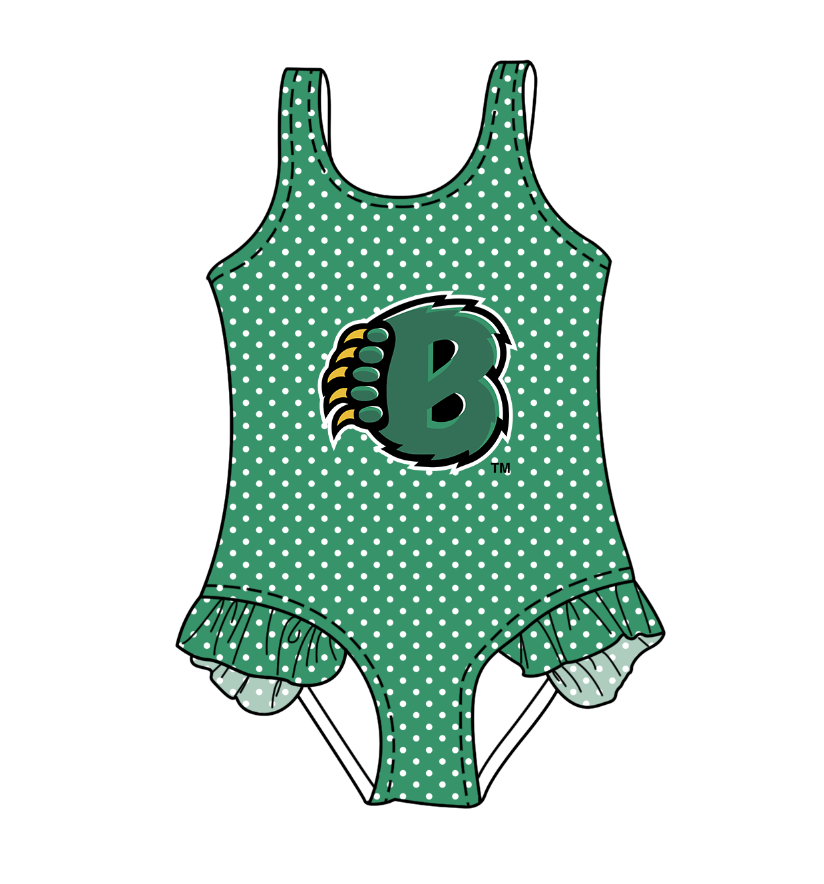Preorder moq 5 Baby Girls Sleeveless Green Polka Dots Bears Team Swimsuits