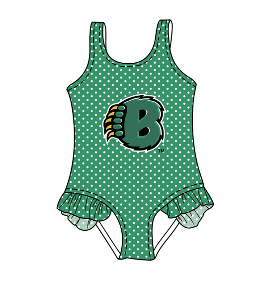 Preorder moq 5 Baby Girls Sleeveless Green Polka Dots Bears Team Swimsuits