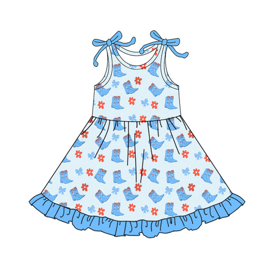Preorder (moq 5)Baby Girls Bows Flowers Boots Western Ruffle Knee Length Dresses