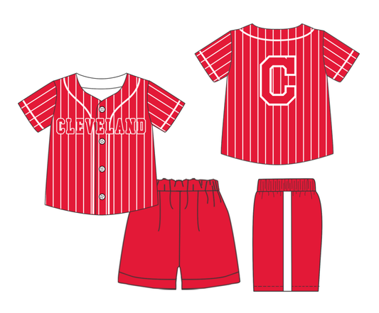 Preorder (moq 5)Baby Boys Red Stripe Cleveland Button Top Shorts Team Clothes Sets