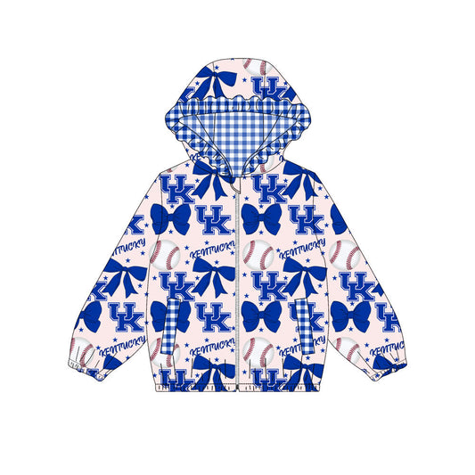 Preorder(moq 8)Baby Girls Hot Blue Bows UK Kentucky Pockets Zipper Team Ruffle Hoodies Jackets