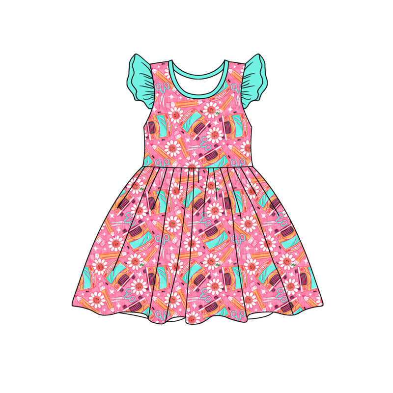 Preorder moq 5 Baby Girls Bus Pencils Back to School Knee Length Dresses