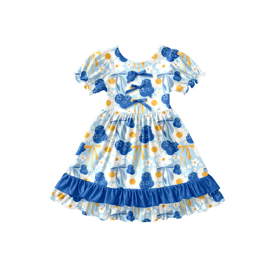 Preorder (moq 5)Baby Girls Daisy Flowers Blueberry Ruffle Knee Length Dresses