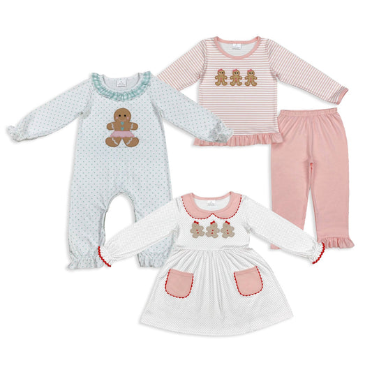 Sibling Baby Girls Embroidery Gingerbread Christmas Knee Length Dress Footie Rompers Clothes Sets