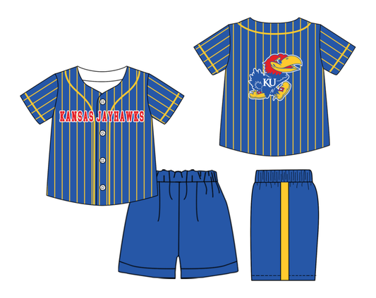 Preorder (moq 5)Baby Boys Yellow Stripe Kansas Jayhawks Button Top Shorts Team Clothes Sets