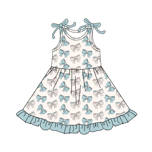 Preorder (moq 5)Baby Girls Blue Bows Plaid Ruffle Knee Length Dresses