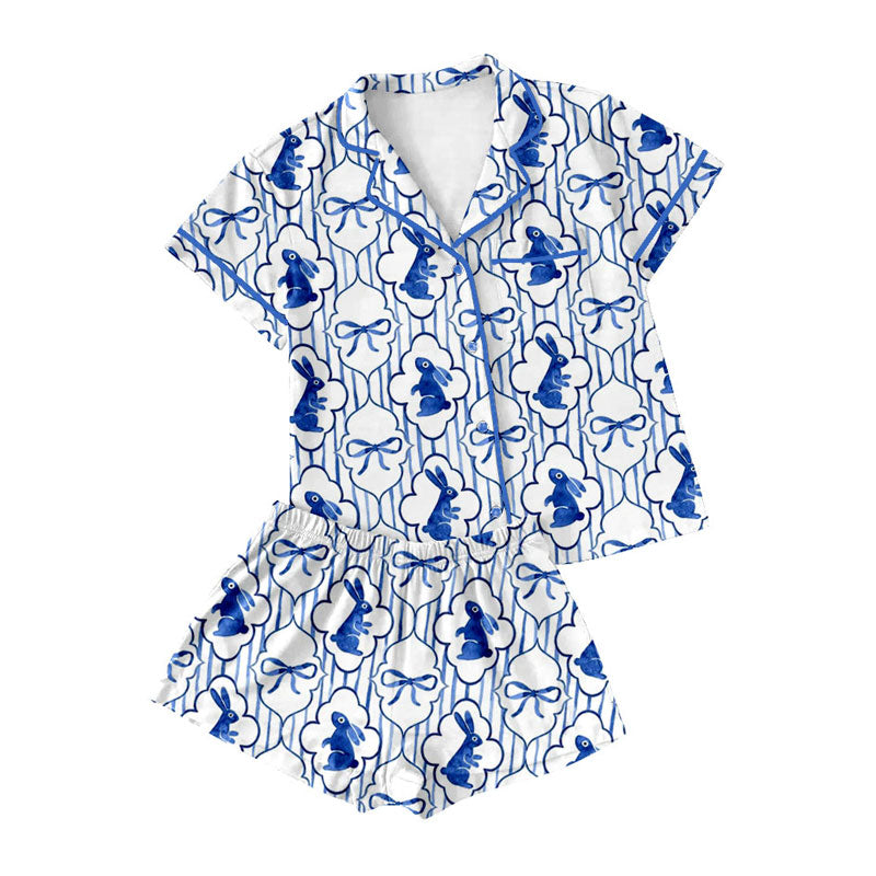 Preorder moq 5 Adult Women Blue Bows Rabbits Button Pockets Top Shorts Easter Pajamas Sets