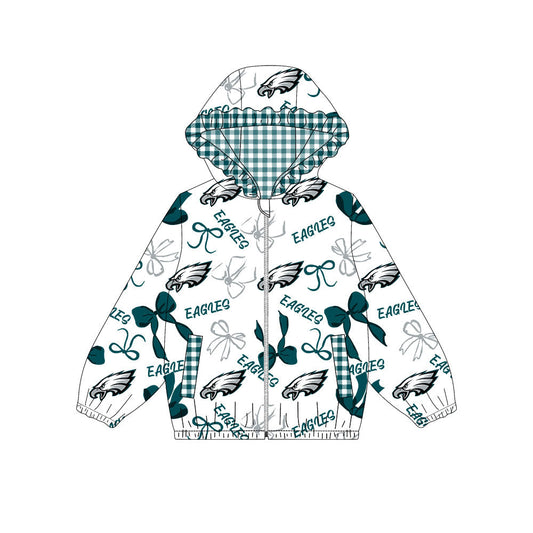 Preorder(moq 8)Baby Girls Green Bows Eagles Pockets Zipper Team Ruffle Hoodies Jackets