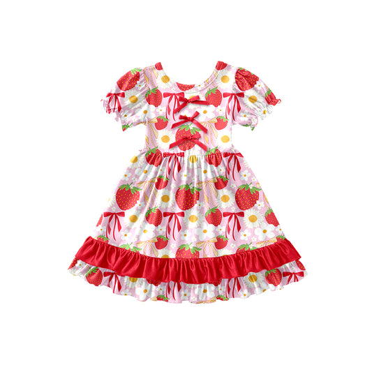 Preorder (moq 5)Baby Girls Daisy Flowers Strawberry Ruffle Knee Length Dresses