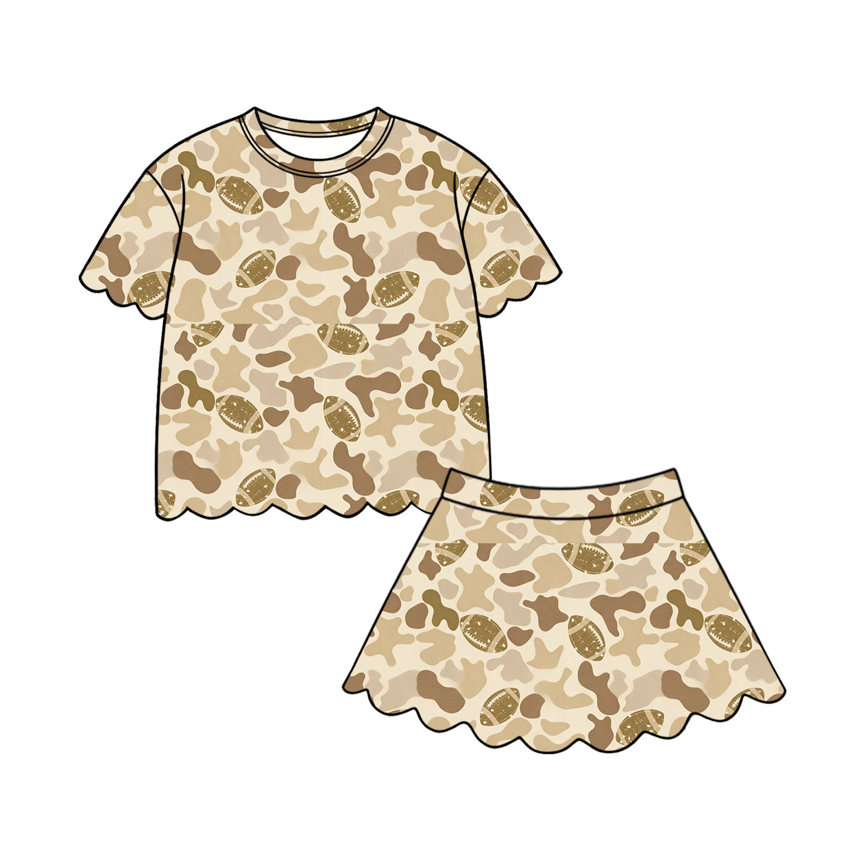 Preorder (moq 5)Baby Girls Southern Camo Footballs Top Scallop Shorts Team Clothes Sets
