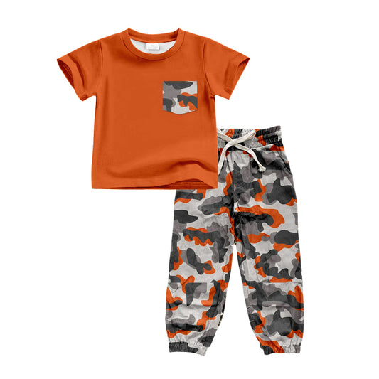 Preorder(moq 5)Baby Boys Orange Top Southern Grey Camo Pockets Pants Clothes Sets