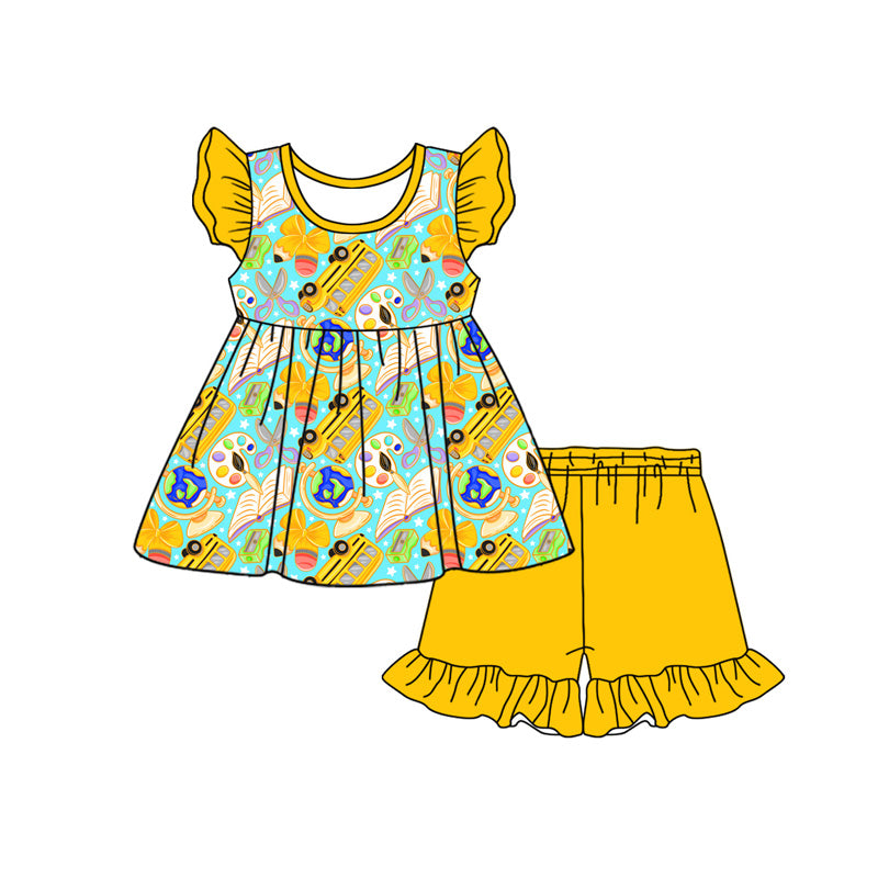 Preorder moq 5 Baby Girls Pencils Bus Tunic Ruffle Short Back to School Clothes Sets