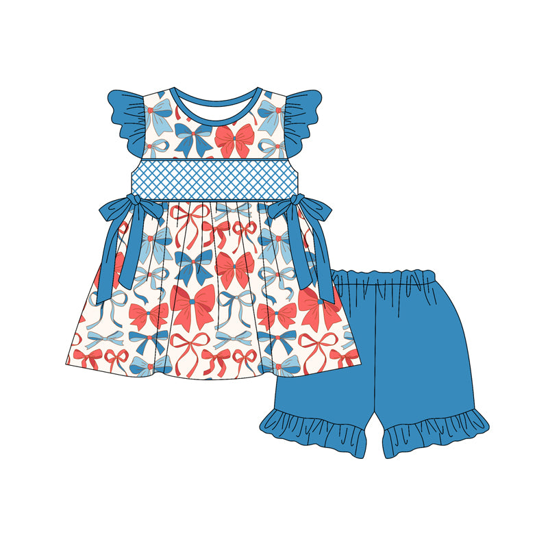 Preorder moq 5 Baby Girls Blue Flutter Sleeves Blue Red Bows Tunic Ruffle Short 4th Of July Set