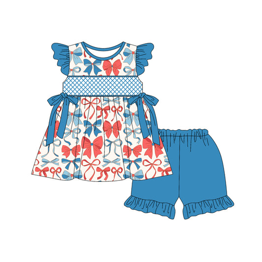 Preorder moq 5 Baby Girls Blue Flutter Sleeves Blue Red Bows Tunic Ruffle Short 4th Of July Set