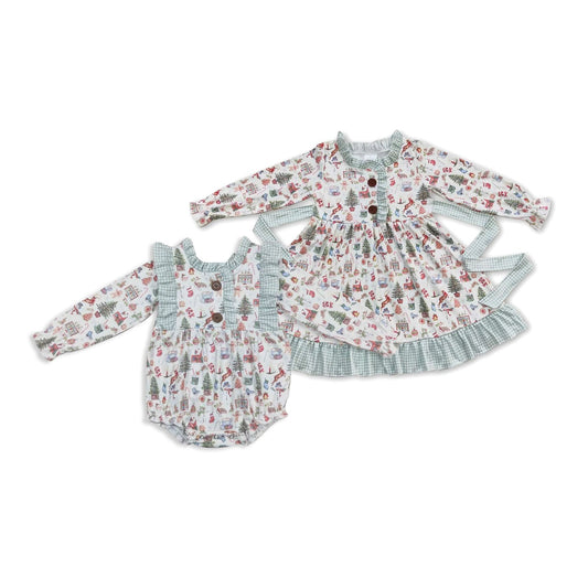 Sibling Baby Girls Christmas Present Belt Button Ruffle Knee Length Dresses Rompers