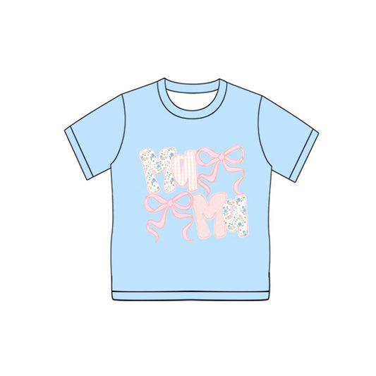 Preorder(moq 8) Adult Women Blue Short Sleeve Flower Bows Mama Tee Shirts Tops
