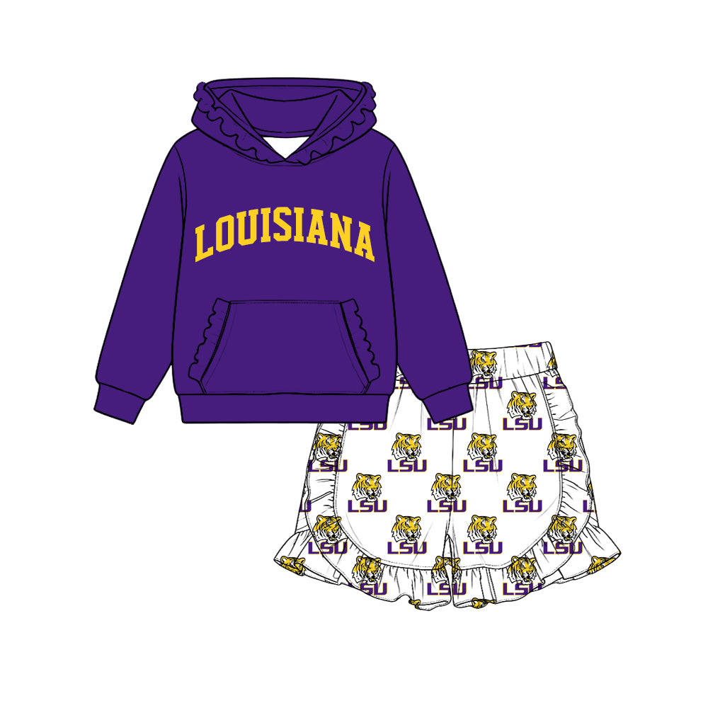 Preorder (moq 5) Baby Girl Clothes Louisiana LSU Tiger Logo Print Long Sleeve Ruffle Hoodie & Ruffle Short Set