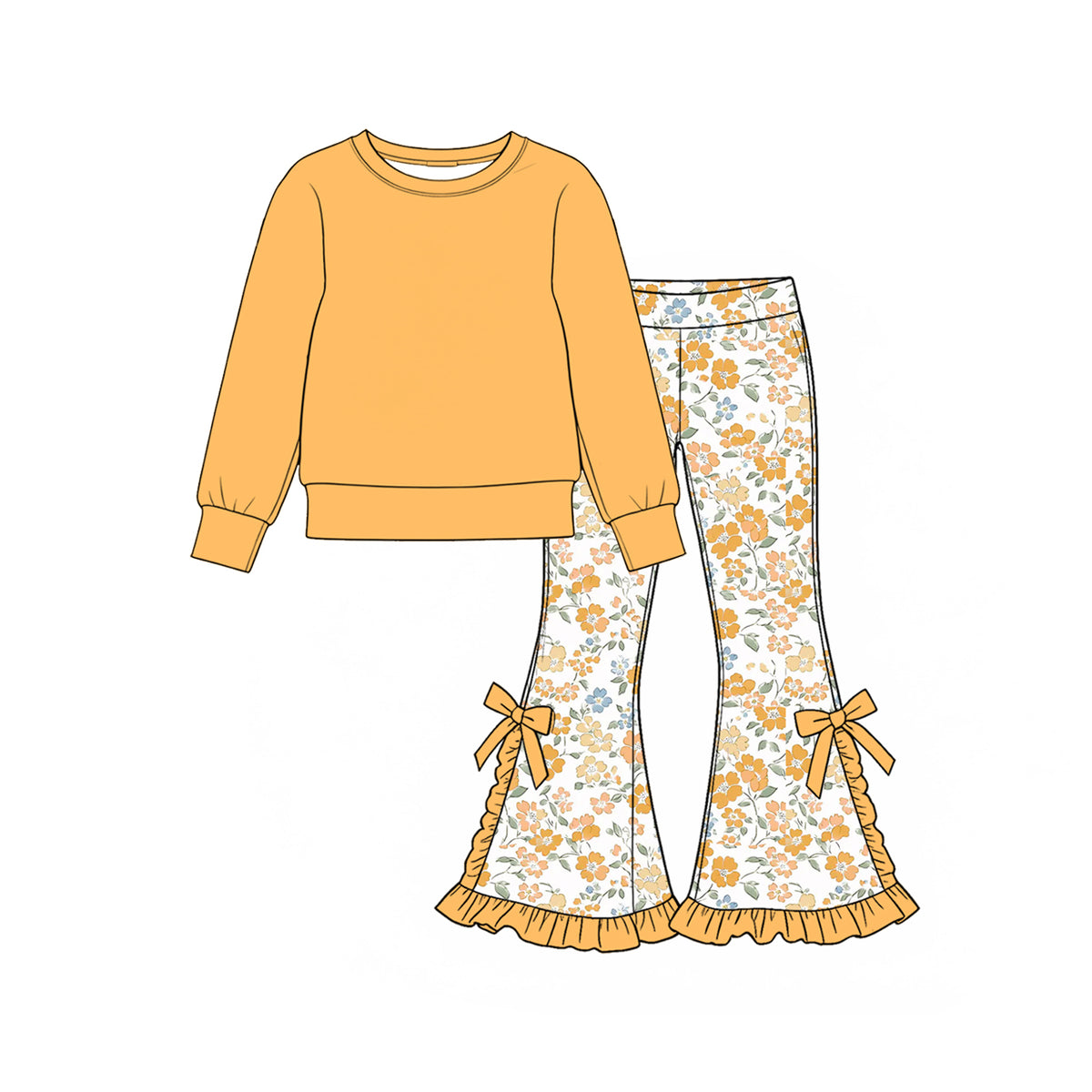 Preorder (moq 5) Baby Girl Clothes Spring Floral Print Ruffle Bow Flare Pants Solid Orange Long Sleeve Top Outfit Set