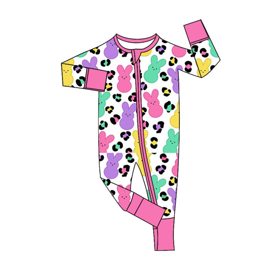 Preorder (moq 20)Baby Girls Bamboo Colorful Rabbits Leopard Easter Two Way Zip Convertible Rompers