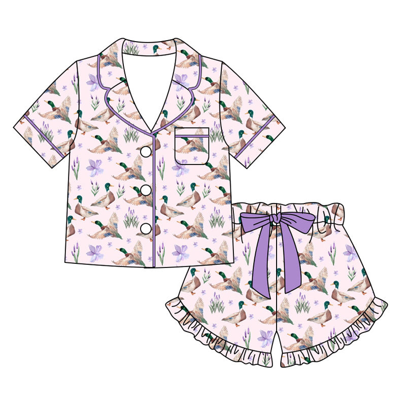 Preorder moq 5 Adult Women Bow Ducks Button Pocket Top Ruffle Short Hunting Pajamas Sets