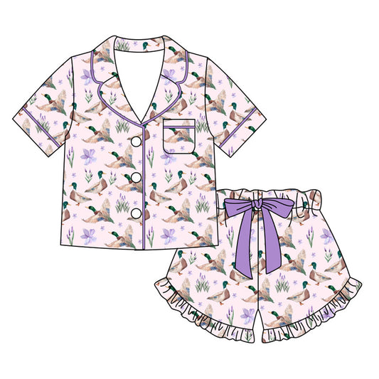 Preorder moq 5 Adult Women Bow Ducks Button Pocket Top Ruffle Short Hunting Pajamas Sets