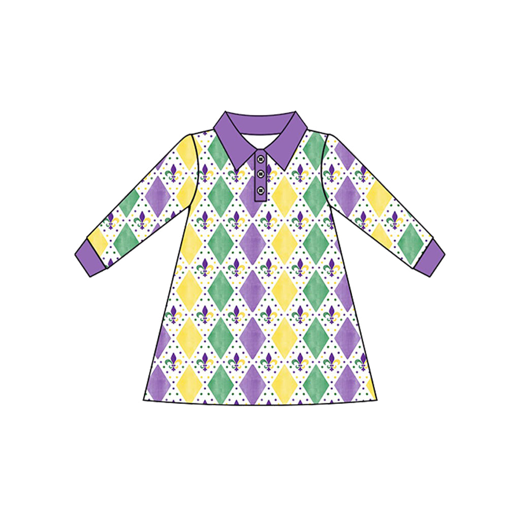 Preorder (moq 5) Baby Girl Clothes Mardi Gras Diamond Fleur De Lis Print Long Sleeve Polo Dress