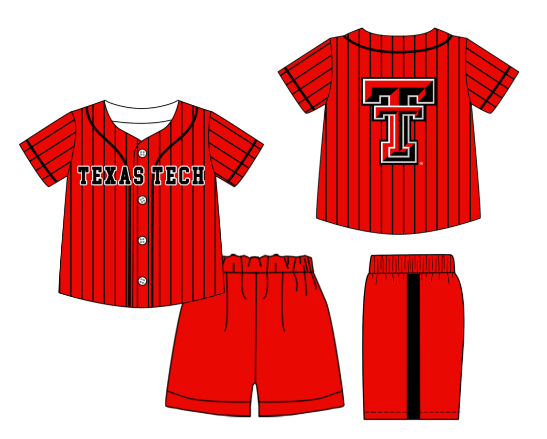 Preorder (moq 5)Baby Boys Black Stripe Texas Tech Button Top Shorts Team Clothes Sets