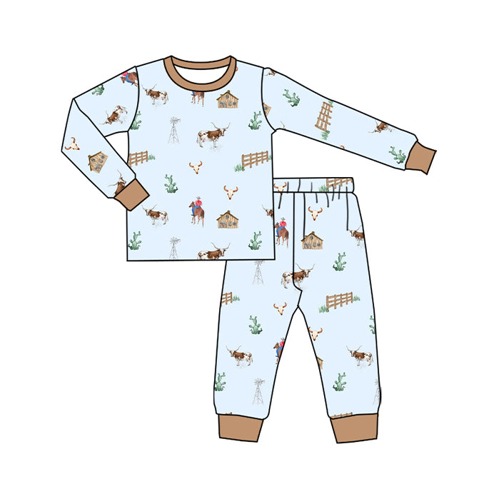 Preorder (moq 20)Baby Boys Bamboo Cactus Bull Skulls Western Pants Pajamas Sets