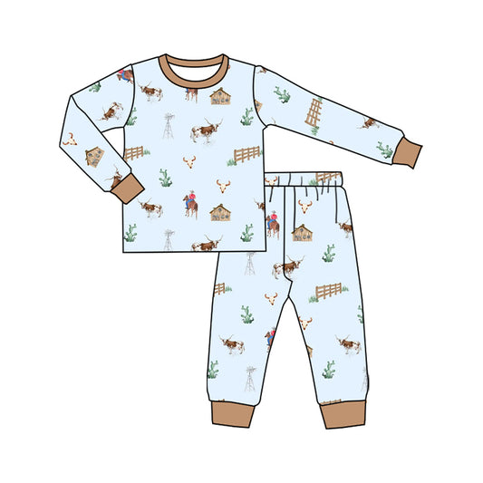 Preorder (moq 20)Baby Boys Bamboo Cactus Bull Skulls Western Pants Pajamas Sets