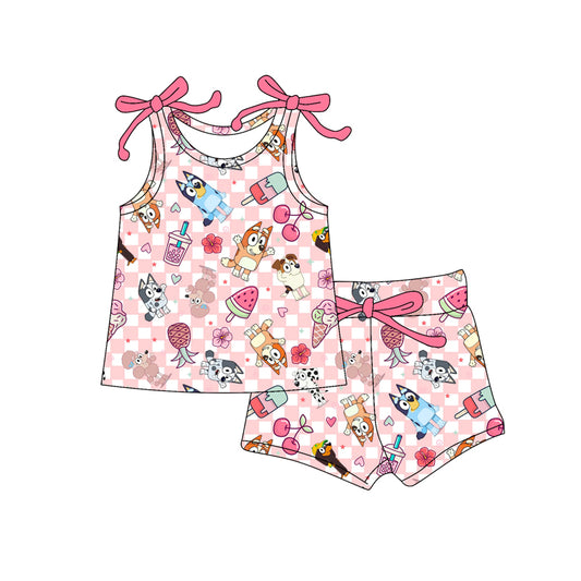 Preorder moq 5 Baby Girls Bows Sleeveless Cartoon Dogs Popsicle Top Short Set