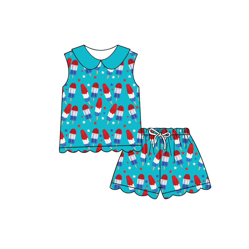 Preorder (moq 5)Baby Girls Popsicle Stars Collar Top Scallop Shorts 4th of July Clothes Sets