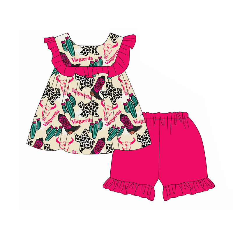 Preorder (moq 5)Baby Girls Pink Sleeveless Boots Cactus Tunic Ruffle Short Set