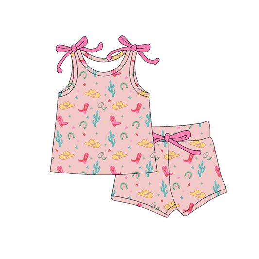 Preorder (moq 5)Baby Girls Boots Hats Cactus Top Shorts Western Clothes Set