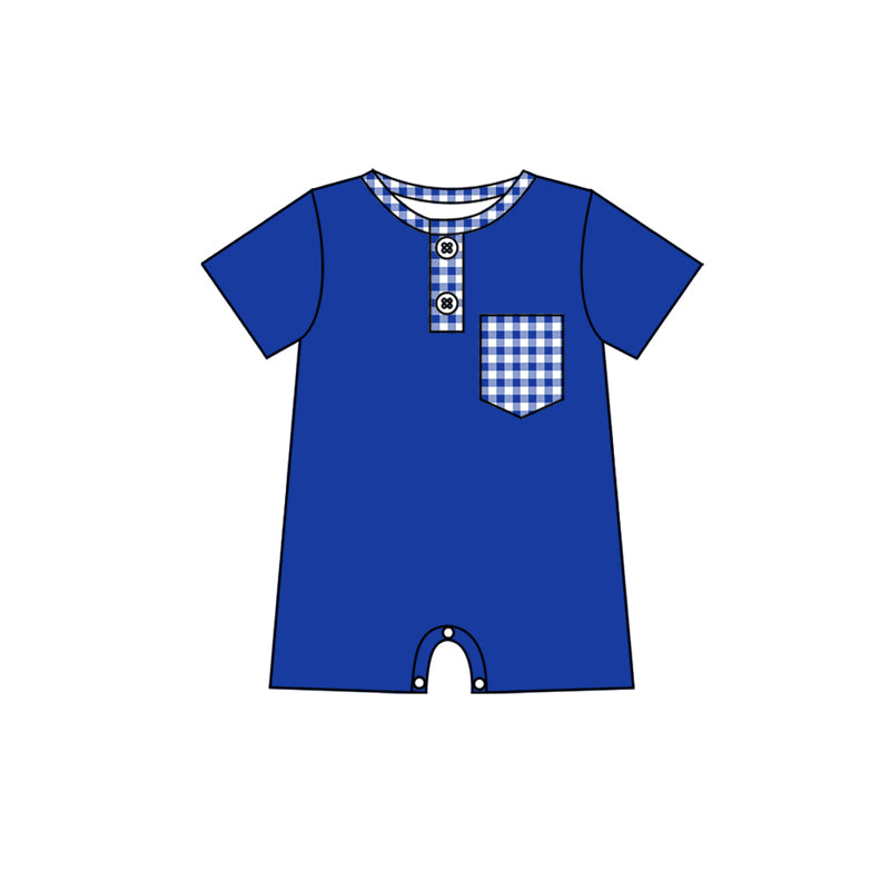 Preorder (moq 5)Baby Boys Blue Checked Pockets Button Shorts Rompers