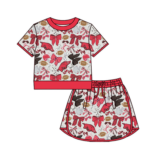 Preorder (moq 5)Baby Girls Bows Footballs Red Bulls Top Skirt Shorts Team Clothes Sets