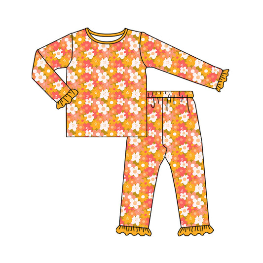 Preorder (moq 20)Baby Girls Bamboo Colorful Floral Ruffle Pants Pajamas Sets
