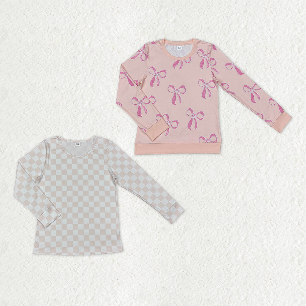 Sibling Adult Women Long Sleeve Pink Bows Checked T-shirts Sleep Wear