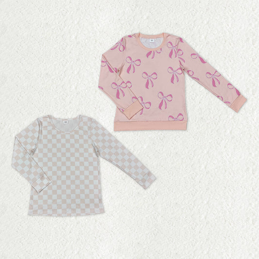 Sibling Adult Women Long Sleeve Pink Bows Checked T-shirts Sleep Wear