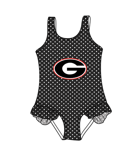 Preorder moq 5 Baby Girls Sleeveless Black Polka Dots G Team Swimsuits