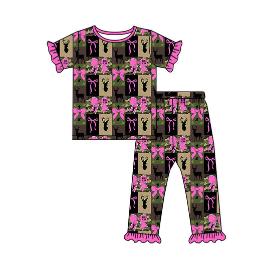Preorder (moq 5)Baby Girls Camo Deer Checked Bows Top Ruffle Pants Hunting Pajamas Sets