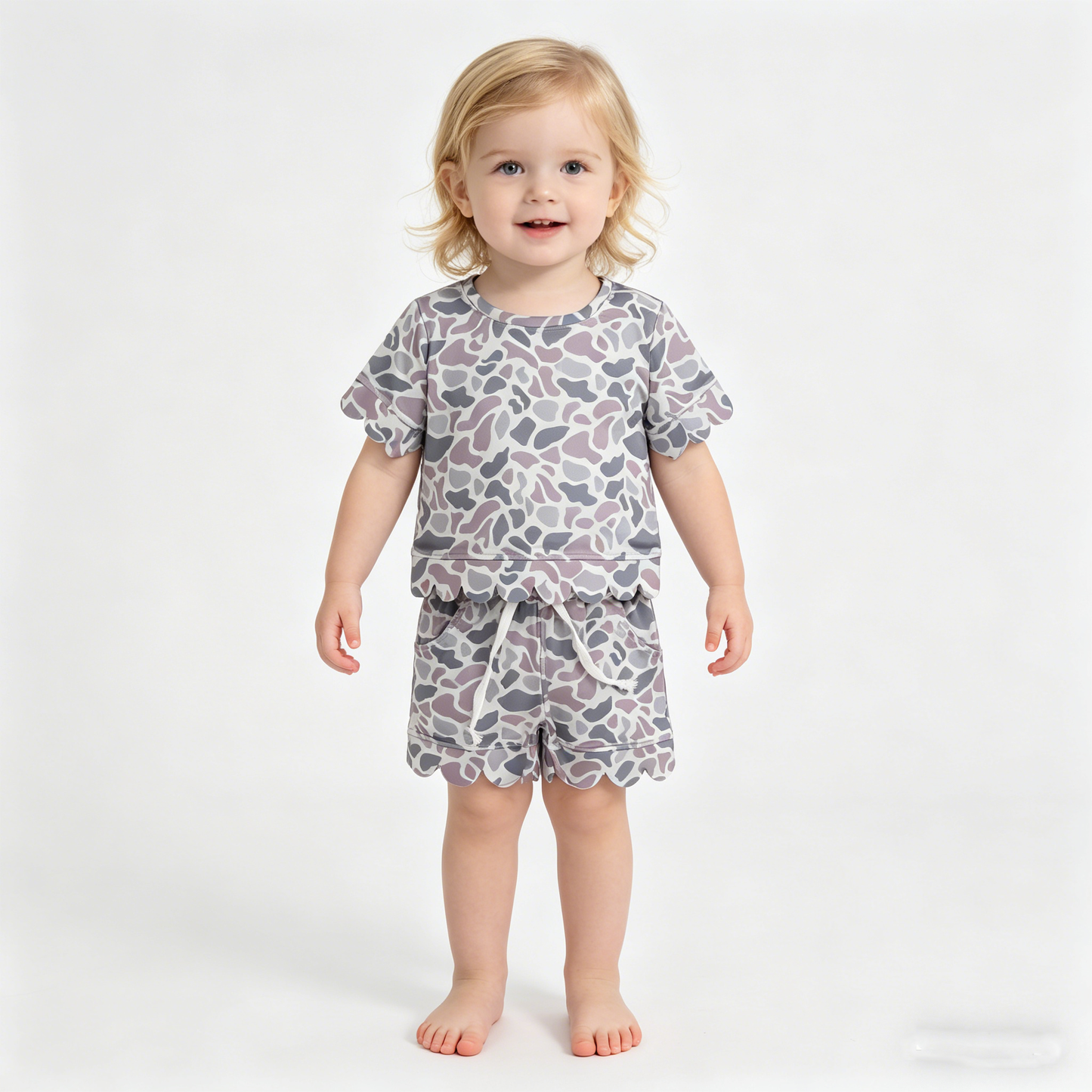 Baby Girls Southern Light Grey Camo Top Pockets Shorts Scallop Clothes Sets
